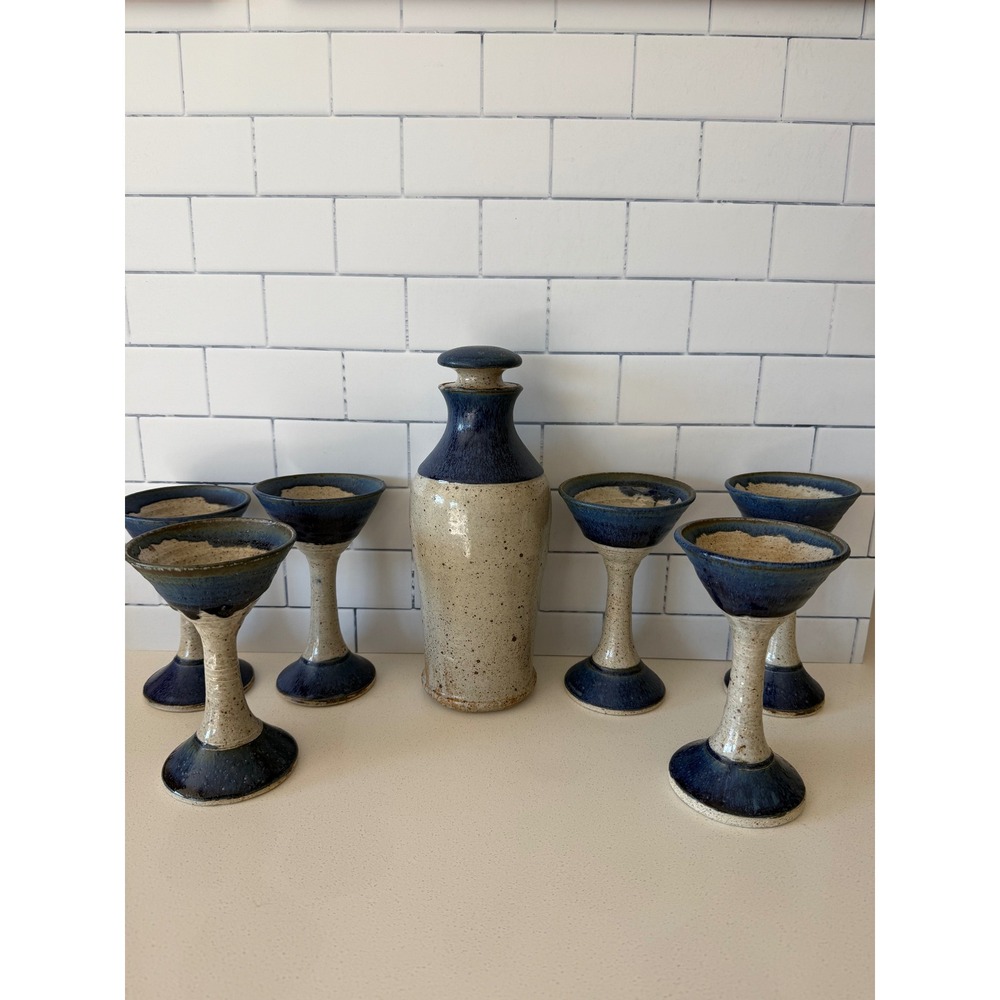 Artisan Studio Pottery Decanter and 6 Goblet Set Blue Speckled Stoneware Ceramic